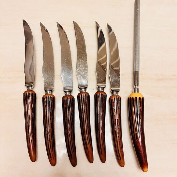 VTG Olde English Cutlery & Sheffield England Steak Knife Set of 6 w/ Sharpener - Picture 6 of 8